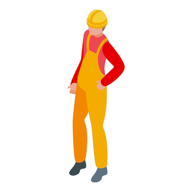 Construction worker wearing hard hat and yellow overalls standing with hand on hip