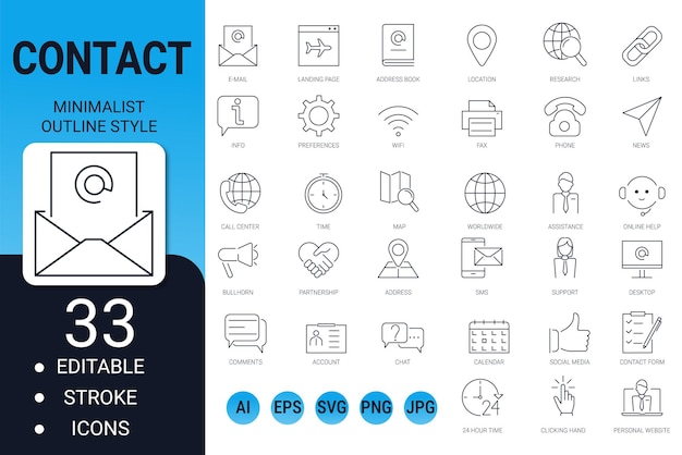 Contact and communication icon set minimal thin line vector symbols chat support email
