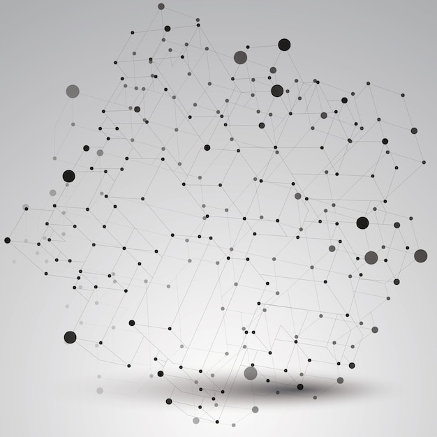 Contemporary technology black and white stylish futuristic construction, abstract 3d figure with connected lines and dots.