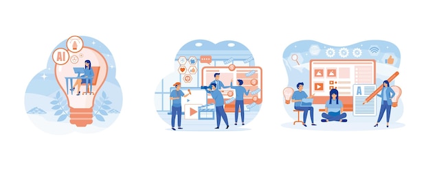Content creation creative person concept Video content creator team Freelancer blogger content creator copy writer with characters using device Set flat vector modern illustration