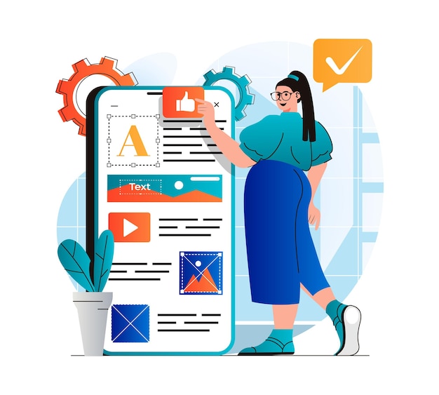 Content manager concept in modern flat design Woman places elements fills site pictures