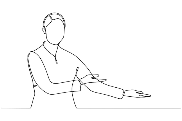 continuous line drawing of a happy young woman pointing hand welcome concept vector
