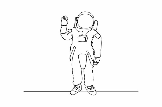 Continuous line drawing of an astronaut with waving hand style vector illustration Premium Vector