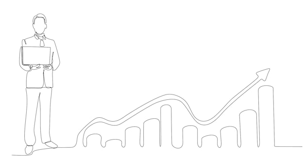 continuous line drawing of business man looking for investment opportunity standing on growth chart