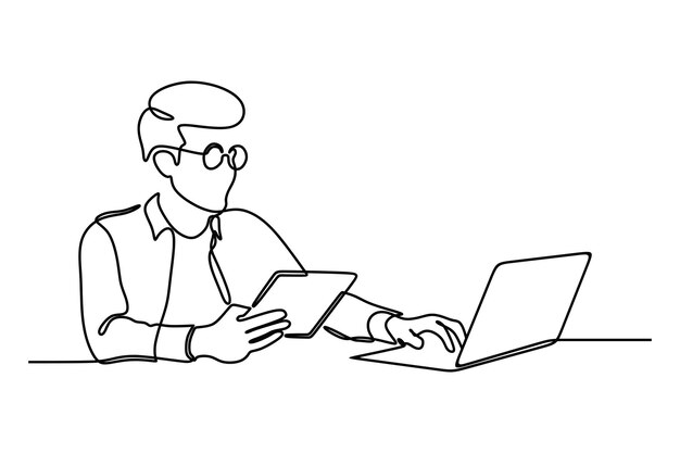 continuous line drawing of business man working using digital tablet and laptop