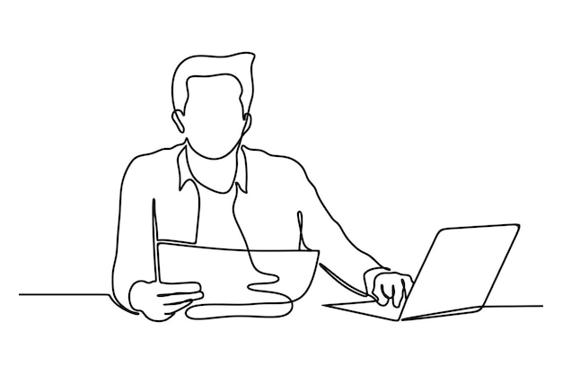 Continuous line drawing of businessman working using laptop and carrying notes
