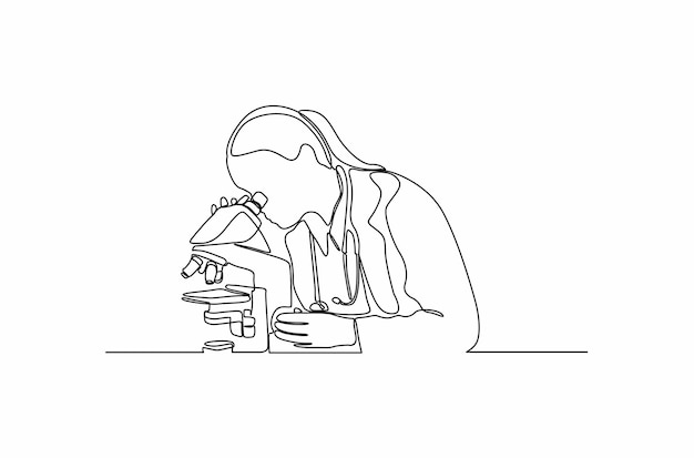 Continuous line drawing of scientist working with mask and microscope vector illustration Premium
