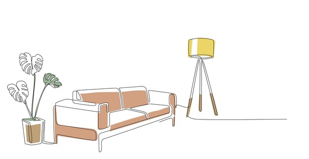 Continuous line drawing of sofa lamp and plant with abstract color shapes One line interior Living room with modern furniture Single line element Hand draw contour of indoor Doodle illustration
