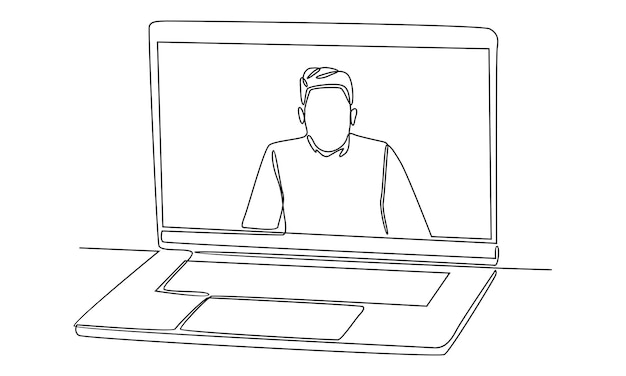 Continuous line of computer with people doing video call