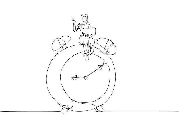 Continuous one line drawing Arabian businesswoman sitting on a giant tangled circle putting laptop