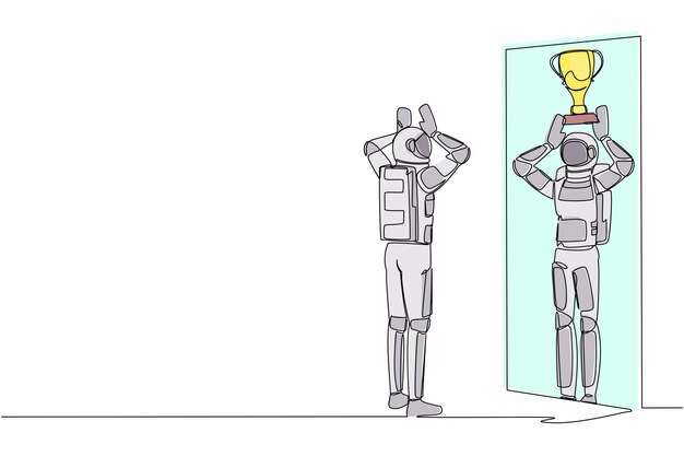 Continuous one line drawing astronaut looking himself happy in mirror reflection with lifting trophy