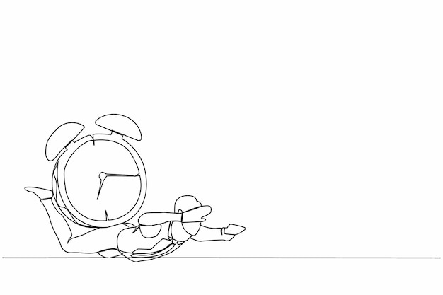 Continuous one line drawing depressed businessman under heavy alarm clock burden Pressure vector