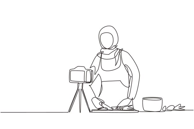 Continuous one line drawing food blogger Chef cooking recording video using camera vector