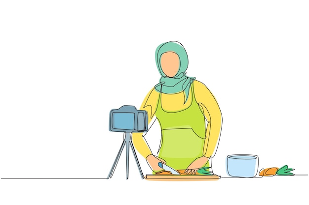 Continuous one line drawing food blogger Chef cooking recording video using camera vector