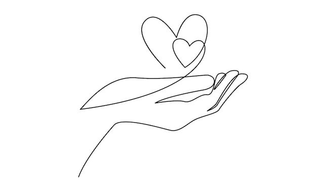 Continuous one line drawing hand holding heart Charity donation linear symbol