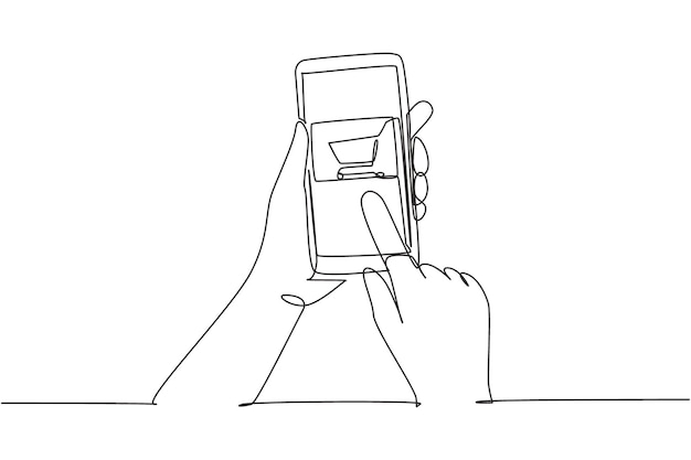 Continuous one line drawing hands holding smartphone with shopping cart image and touching screen