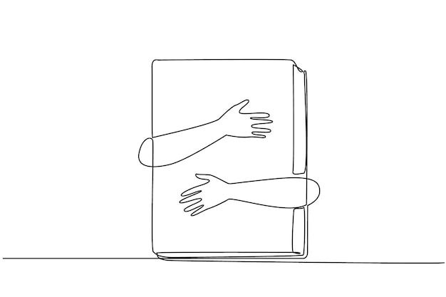 Continuous one line drawing hands hugging book Reading books can explore a new world design vector