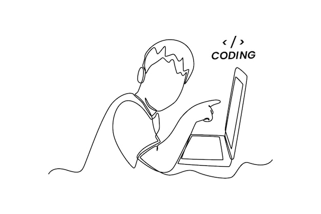 Continuous one line drawing happy programmer pointing at coding in laptop Programming code concept Single line draw design vector graphic illustration