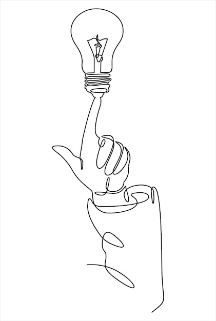 Continuous one line drawing idea and creativity symbol with lamp and hand