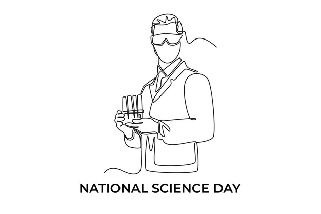 Continuous one line drawing male scientific holding tubes Science day concept Single line draw design vector graphic illustration