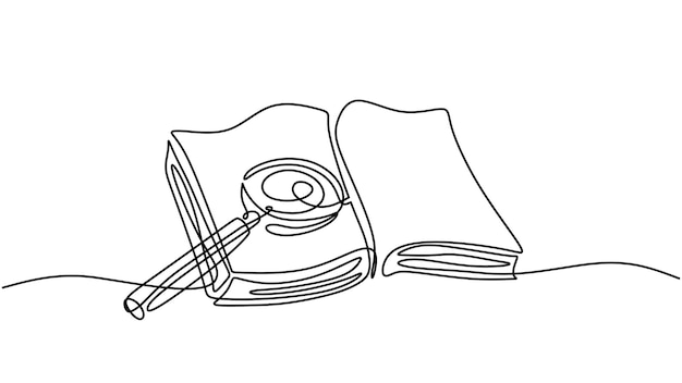 Continuous one line drawing of book and magnifying glass Vector of searching and education learning positioned above an open book The concept idea of zooming in and discovering new things