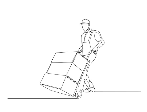 Continuous one line drawing of delivery courier man delivering goods