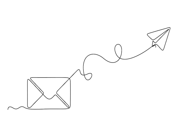 continuous one line drawing of envelope mail with airplane paper vector illustration