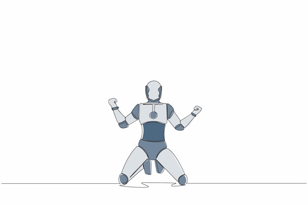 Continuous one line drawing of happy robot kneeling with both hands yes gesture celebrating success
