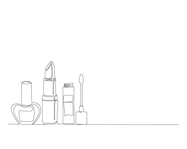 Continuous one line drawing of perfume bottle lipstick mascara cosmetics
