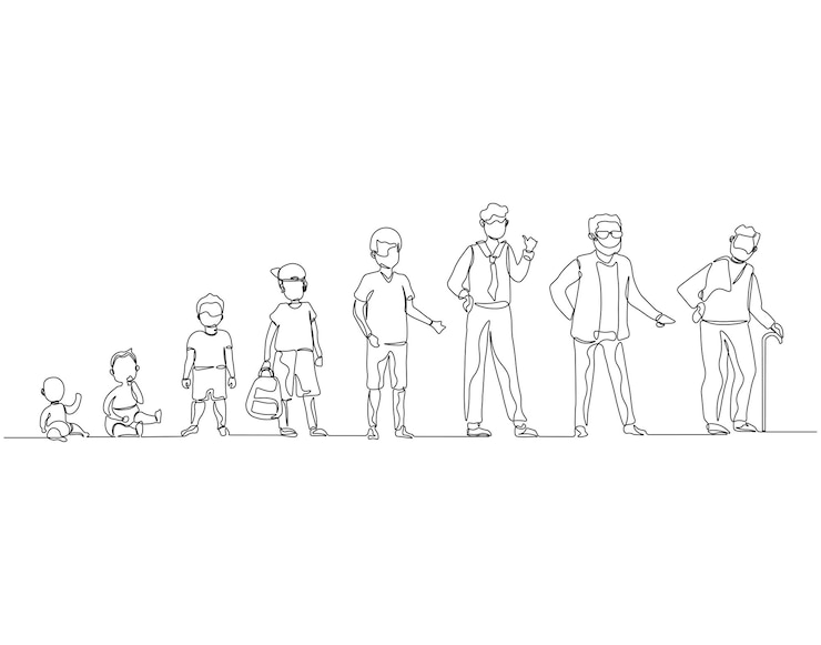 Vektori continuous one line drawing of step of growing up man one line drawing illustration of human life cycle aging process growth toddler concept line art editable outline