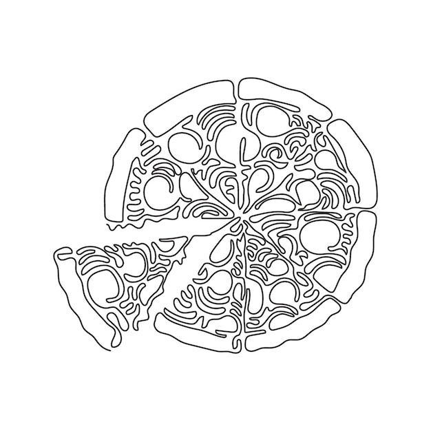 Continuous one line drawing pizza with tomato cheese olive sausage and onion Italian fast food