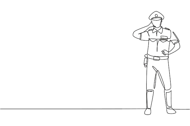 Continuous one line drawing policeman standing with call me gesture and uniform works design vector