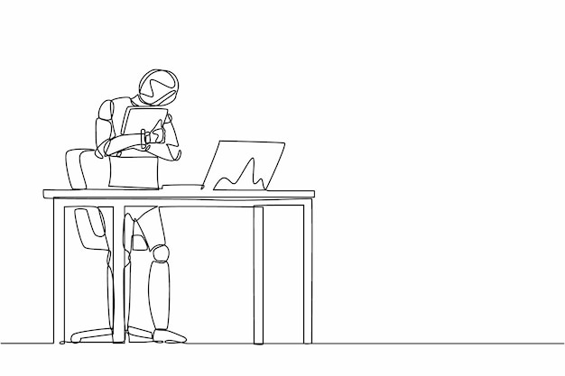 continuous one line drawing robot standing and hugging laptop at office humanoid robot cybernetic