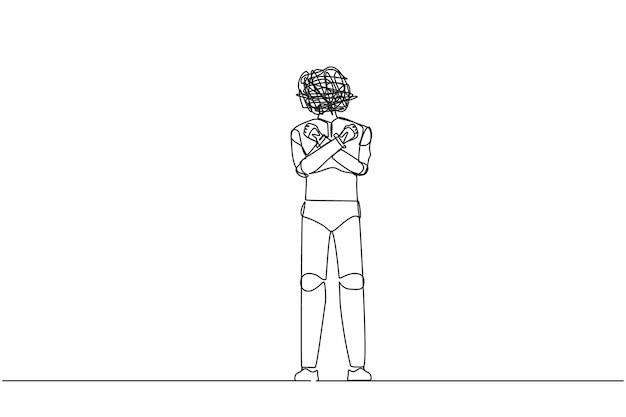 Continuous one line drawing robot with round scribbles instead of head Fist clenched arms crossed