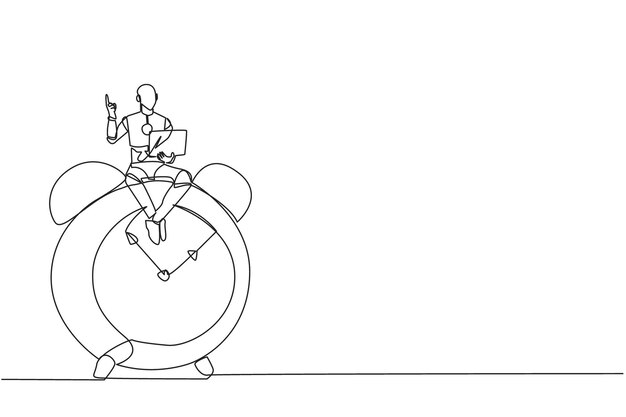Continuous one line drawing robotic sitting on a big piggy bank holding a laptop raising one hand