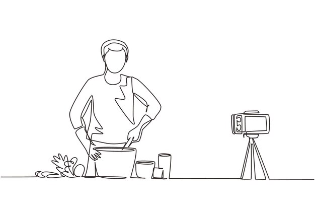 Continuous one line drawing vegan man Vegetarian food blogger guy stir and cook vegetable salad