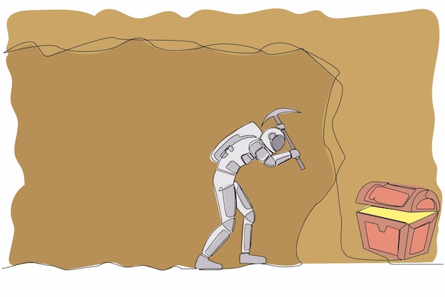 Continuous one line drawing young astronaut digging with pickaxe in moon cave Looking for treasure