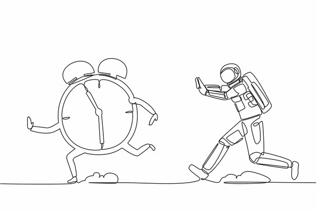 Continuous one line drawing young astronaut run chasing alarm clock in moon surface Space shuttle