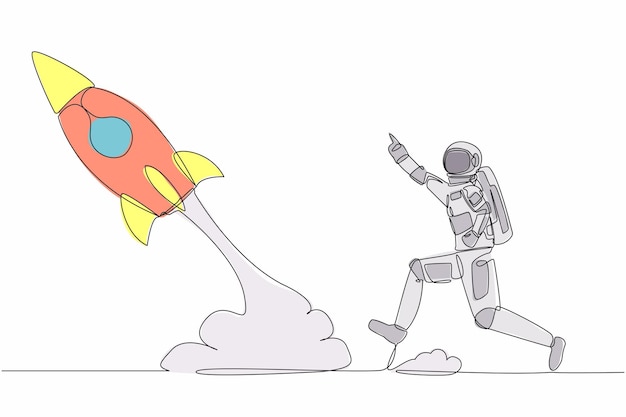 Continuous one line drawing young astronaut run chasing rocket take off in moon surface illustration
