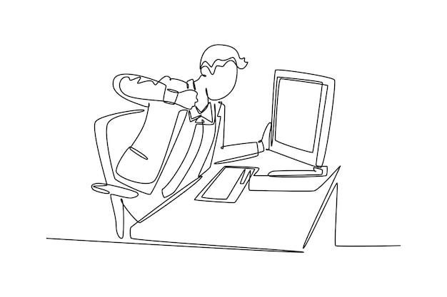 continuous one line drawing young frustrated male employee ready to punch monitor computer using his fist hand work pressure at the office concept single line draw design vector graphic illustration
