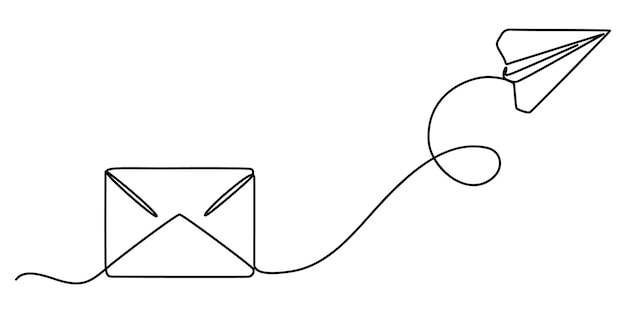 continuous single line sketch drawing of envelope mail with flying paper plane sending letter mail