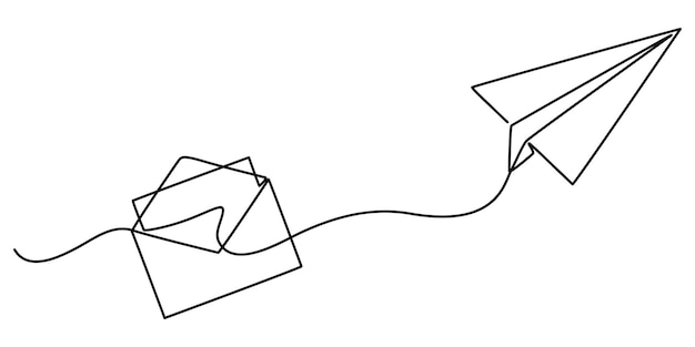 continuous single line sketch drawing of envelope mail with flying paper plane sending letter mail