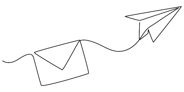continuous single line sketch drawing of envelope mail with flying paper plane sending letter mail