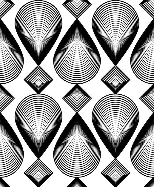 Continuous vector pattern with black graphic lines, decorative abstract background with geometric figures. Monochrome ornamental seamless backdrop, can be used for design and textile.