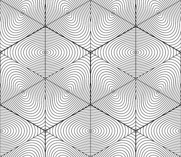 Contrast black and white symmetric seamless pattern with interweave figures. Continuous geometric 3d composition, for use in graphic design.