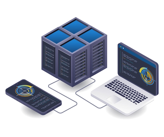Control management analysis server technology isometric flat illustration