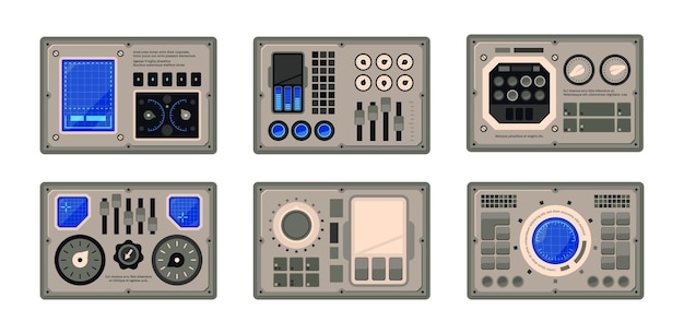 Control panel Spaceship ui dashboard round controllers buttons displays and controlling computer devices garish vector flat templates collection