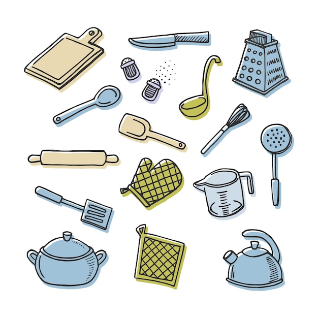 Cook tools hand-drawn color vector icons set