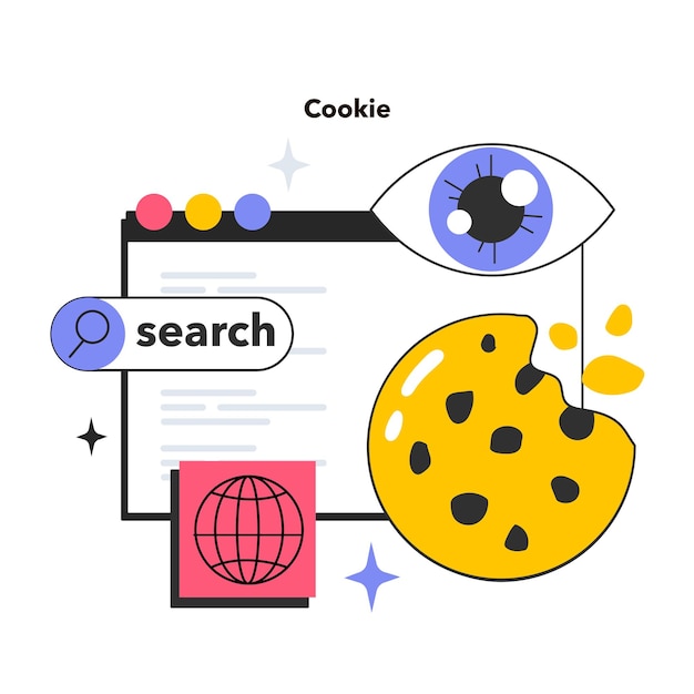 Cookie technology Web browser session tracking Access to user computer and confidential information Device identification and web browsing experience improvement Flat vector illustration