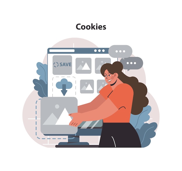cookies concept smiling woman interacts with a webpage displaying save and cloud icons indicating